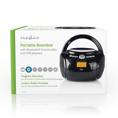 Nedis CD-spiller Boombox | Batteri drevet / Nettstrøm drevet | Stereo | 9 W | Bluetooth® | FM | USB-avspilling | Bære håndtak | Sort