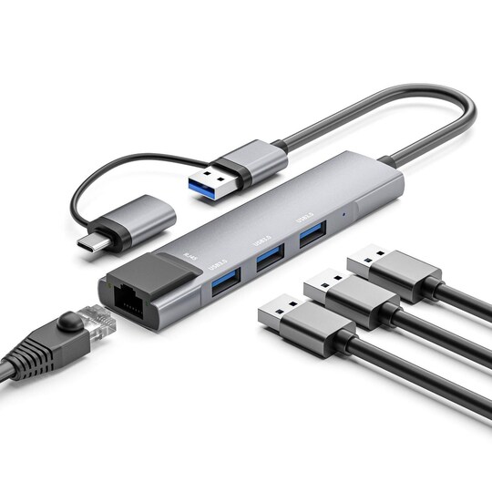 NÖRDIC USB-C og USB-A 3.1 til Ethernet Giga nettverksadapter med 3xUSB3.1 hub aluminium