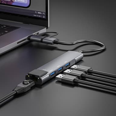 NÖRDIC USB-C og USB-A 3.1 til Ethernet Giga nettverksadapter med 3xUSB3.1 hub aluminium