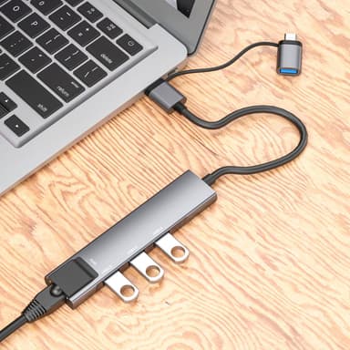 NÖRDIC USB-C og USB-A 3.1 til Ethernet Giga nettverksadapter med 3xUSB3.1 hub aluminium