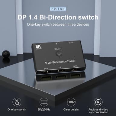 NÖRDIC Displayport 3 til 1 bryter eller 1 til 3 splitter DP1.4 8K30Hz 4k120Hz 32.4Gbps