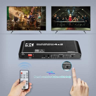 NÖRDIC HDMI Matrix Switch 4 til 2 med lydkontaktor og bue, 4kx2k i 60Hz, YUV 4: 4: 4 18Gbps HDCP 2.2, 5.1 Surround, metall
