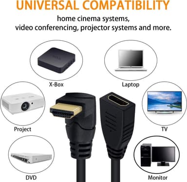 NÖRDIC vinklet HDMI-adapter 8K60Hz 4k120Hz 48Gbps hann til hunn HDMI2.1 15cm