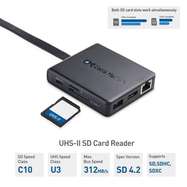 Cable Matters 1 til 8 USB-C dockingstasjon HDMI 4K30Hz PD80W 2xUSB-C 5Gbps RJ45 Giga Lan Micro SD og SD kortlesere