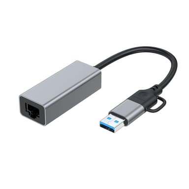 NÖRDIC USB-A 3.0 til Giga Ethernet nettverksadapter USB-A og USB-C Space Grey Aluminium RTL8153