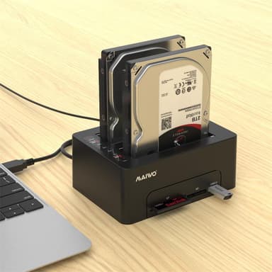 Maiwo K3082CR USB C 3.1 Gen1 5Gbps Docking Station, 2 SATA HDD SDD 14TB med støtte for beasp, støtte til Sataii 6Gbps, kloning, kortleser, USB-hub