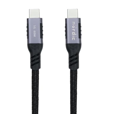 NÖRDIC 1m USB3.2 Gen1 USB-C til C nylonflettet kabel hurtiglading 3A 5Gbps Strømforsyning PD 60W