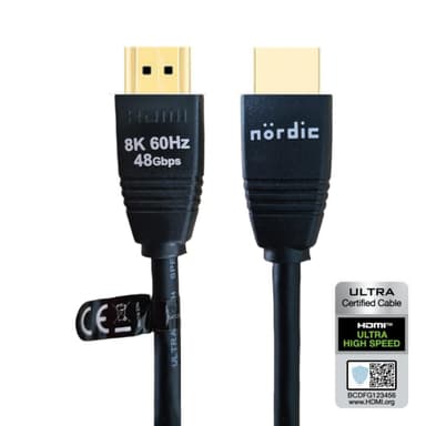NÖRDIC CERTIFIED CABLES 1,5m Ultra High Speed ​​​​HDMI2.1 8K60Hz 4K 120Hz 144Hz 48Gbps Dynamic HDR eARC Game Mode VRR Dolby ATMOS gullbelagt PVC svart
