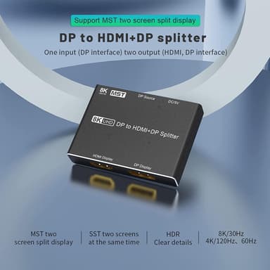 NÖRDIC 1 til 2 splitter 1xDisplayport til 1xHDMI og 1xDisplayport 8K30Hz støtte for MST og HDR