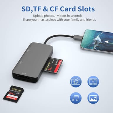NÖRDIC 1 til 5 USB-C adapter SD / TF og CF kortleser med 2xUSB3.0 opptil 5 Gbps