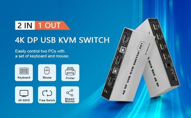 NÖRDIC KVM Switch 2 PC til 1XDP 1.2 4K60Hz og 3xUSBport for Xbox, PS5