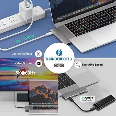NÖRDIC 2 til 7 USB-C dokkingstasjon for dobbel skjerm for MacBook Pro og Air 1xHDMI 4K30Hz 1xThunderbolt 3xUSB-C 5K60Hz 40G 1xUSB-C 100W PD