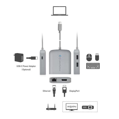 Cable Matters 1 til 5 dokkingstasjon 1xDP 4K60Hz, 1xRJ45 Ethernet 2xUSB-A 1xUSB-C PD 60W Fungerer med Chromebook-sertifisert