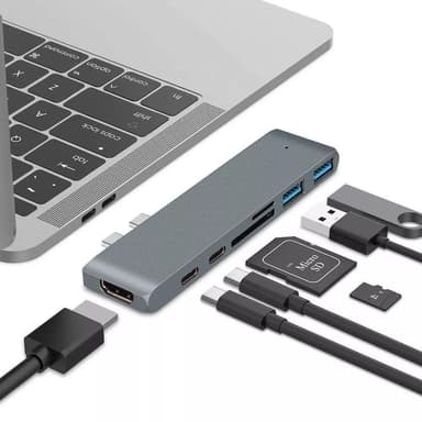 NÖRDIC 2 til 7 USB-C dokkingstasjon for dobbel skjerm for MacBook Pro og Air 1xHDMI 4K30Hz 1xThunderbolt 3xUSB-C 5K60Hz 40G 1xUSB-C 100W PD