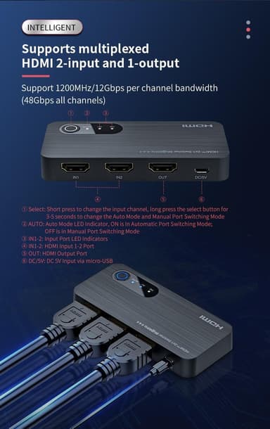 NÖRDIC HDMI-svitsj 2 til 1 8K60Hz 4K120Hz 48Gbps HDR HDCP2.3 Surround 7.1 CEC