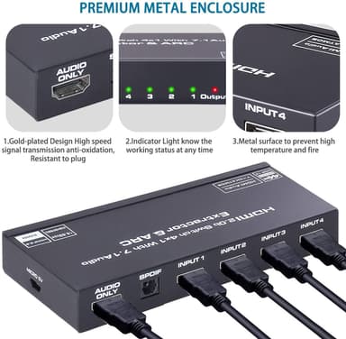 NÖRDIC HDMI Switch 4 til 1 med 7.1 lydekstraktor ARC SPDIF stereo 3,5 mm lyd 4K60hz HDCP2.2 3D HDR10 18Gbps
