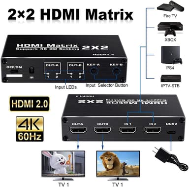 NÖRDIC Matrix HDMI Switch 2 til 2 HDMI 2.0 4K 60Hz HDCP1.4 3D YUV 4: 2: 0
