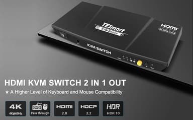 NÖRDIC KVM Switch 2 til 1 HDMI 2.0 4K 60Hz 3xUSB for PC, Xbox, PS5 og bærbar HDR10 HDCP2.2