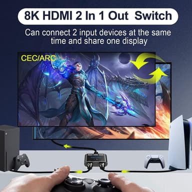 NÖRDIC HDMI-svitsj 2 til 1 8K60Hz 4K120Hz 48Gbps HDR HDCP2.3 Surround 7.1 CEC