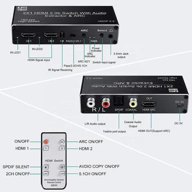 NÖRDIC HDMI Switch 2 til 1 med Audio Extractor og ARC 4K 60Hz SPDIF Coaxial RCA L / R og Stereo