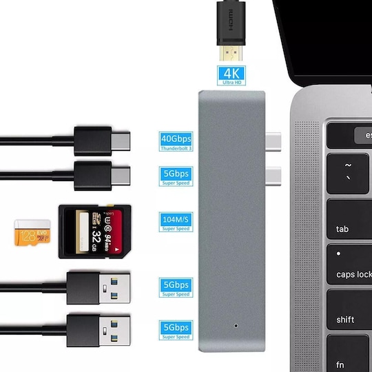 NÖRDIC 2 til 7 USB-C dokkingstasjon for dobbel skjerm for MacBook Pro og Air 1xHDMI 4K30Hz 1xThunderbolt 3xUSB-C 5K60Hz 40G 1xUSB-C 100W PD