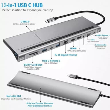 NÖRDIC 1 til 12 USB-C-dokkingstasjon for trippelskjermer 2xHDMI 4K30Hz, 1xVGA Mac M1 M2 PD 100W Thunderbolt 3 & 4