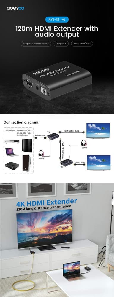 NÖRDIC HDMI Cat6 forlengelse 120m 4K30Hz HD med loop EDID funksjon HDMI Extension
