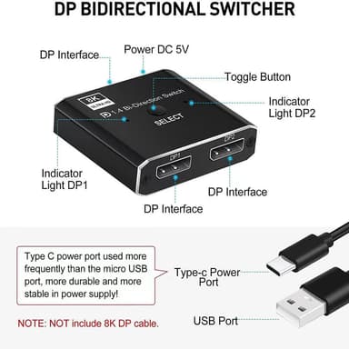 NÖRDIC 8K30Hz Displayport-svitsj 2 til 1 og splitter 1 til 2, 4K120hz
