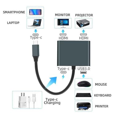 NÖRDIC USB-C til 2xHDMI-adapter 4K30Hz 1xUSB-C 60W PD 1xUSB-A 3.1 5Gbps MST