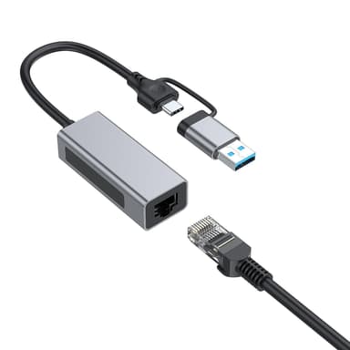NÖRDIC USB-A 3.0 til Giga Ethernet nettverksadapter USB-A og USB-C Space Grey Aluminium RTL8153