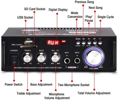 NÖRDIC Bluetooth 5.0 Stereoforsterker 2x40W AUX / USB / BT Lydforsterker med FM 2xMIC inngang