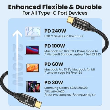 NÖRDIC 1,5 m USB-C til C nylonflettet kabel hurtiglading med PD3.1 240W 48V 5A med Emarker