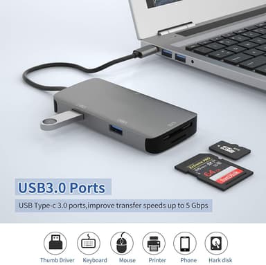 NÖRDIC 1 til 5 USB-C adapter SD / TF og CF kortleser med 2xUSB3.0 opptil 5 Gbps