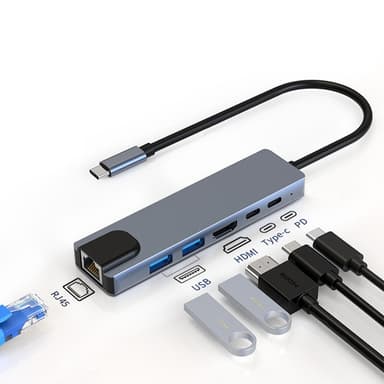 USB-C multiportadapter USB-A, USB-C, HDMI, RJ45 Grå