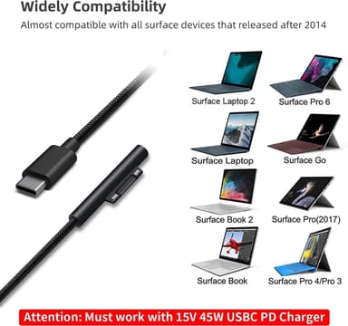 NÖRDIC 2m Ladekabel for Microsoft Surface 15V3A 45W
