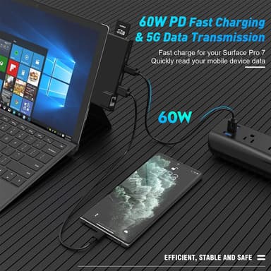 NÖRDIC USB 7-ports dockingstasjon for MicroSoft Surface Pro7 1xHDMI4k30Hz 2xUSB-A 5Gbps 1xUSB-C PD87W 1xRJ45 LAN og 1xTF og 1xSD