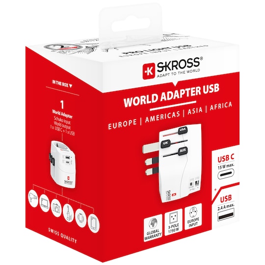 SKROSS PRO Light USB (AC), 3-pole travel adapter, 1x USB-A, 1x USB-C
