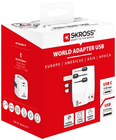SKROSS PRO Light USB (AC), 3-pole travel adapter, 1x USB-A, 1x USB-C