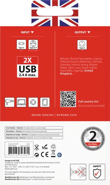 SKross Europa til UK USB reiseadapter 322912