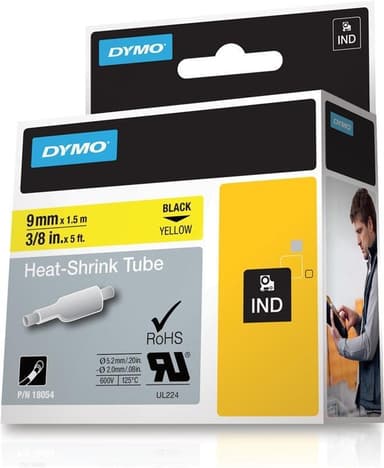 DYMO RhinoPRO krympeslange 9mm, svart på gult, 1.5m rull