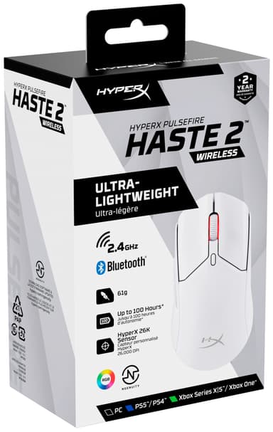 HyperX Pulsefire Haste 2 trådløs gamingmus (hvit)