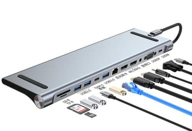 NÖRDIC 1 til 12 USB-C-dokkingstasjon for trippelskjermer 2xHDMI 4K30Hz, 1xVGA, USB-C PD 100W, Thunderbolt 3 & 4