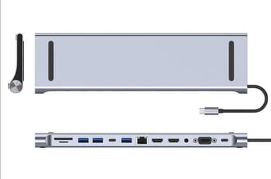 NÖRDIC 1 til 12 USB-C-dokkingstasjon for trippelskjermer 2xHDMI 4K30Hz, 1xVGA, USB-C PD 100W, Thunderbolt 3 & 4