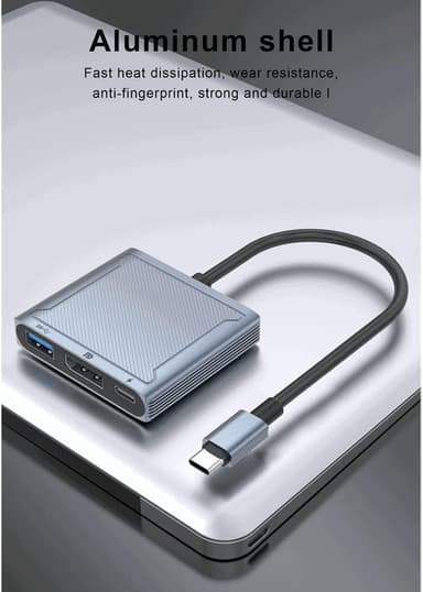 NÖRDIC 1 til 3 dokkingstasjon USBC til 1xDP 8K60Hz 1xUSBC 100W PD og 1xUSB-A 5Gbps