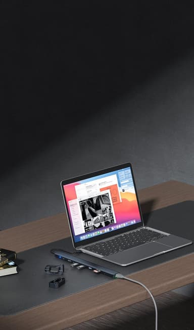NÖRDIC 1 til 10 USB-C-dokkingstasjon 1xHDMI 4K30Hz 1xUSB-C PD100W 3xUSB-A 5G 1xLAN 10/100 1xAudio 1xTF 1xMicroSD Thunderbolt 3 & 4