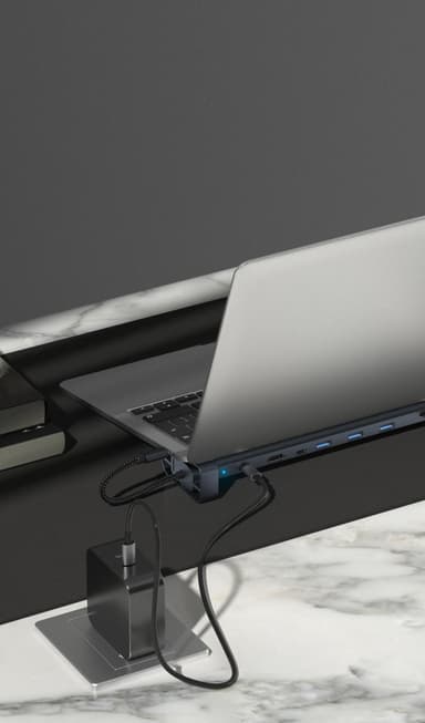 NÖRDIC 1 til 10 USB-C-dokkingstasjon 1xHDMI 4K30Hz 1xUSB-C PD100W 3xUSB-A 5G 1xLAN 10/100 1xAudio 1xTF 1xMicroSD Thunderbolt 3 & 4