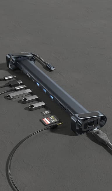 NÖRDIC 1 til 10 USB-C-dokkingstasjon 1xHDMI 4K30Hz 1xUSB-C PD100W 3xUSB-A 5G 1xLAN 10/100 1xAudio 1xTF 1xMicroSD Thunderbolt 3 & 4