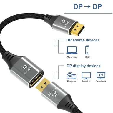 NÖRDIC 2m Displayport 1.4 skjøtekabel UHD 8K60Hz 4K144Hz 32.4Gbps 10-bit HDR dobbeltskjermet