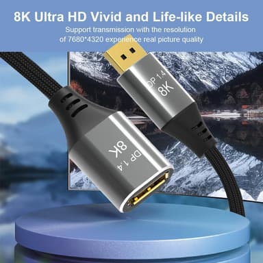 NÖRDIC 50 cm Displayport 1.4 skjøtekabel UHD 8K60Hz 4K144Hz 32.4Gbps 10-bit HDR