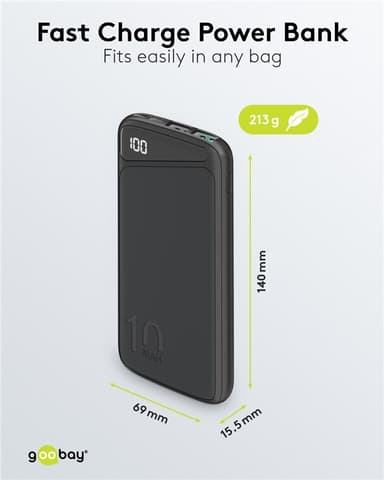 Goobay Hurtigladende Powerbank 10 000 mAh (USB-C™ PD, QC 3.0)